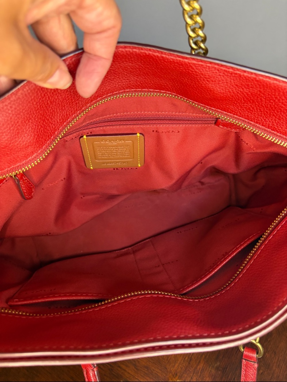 Coach Red Leather Tote with Gold Chain Handles Turnlock - Picture 6 of 12